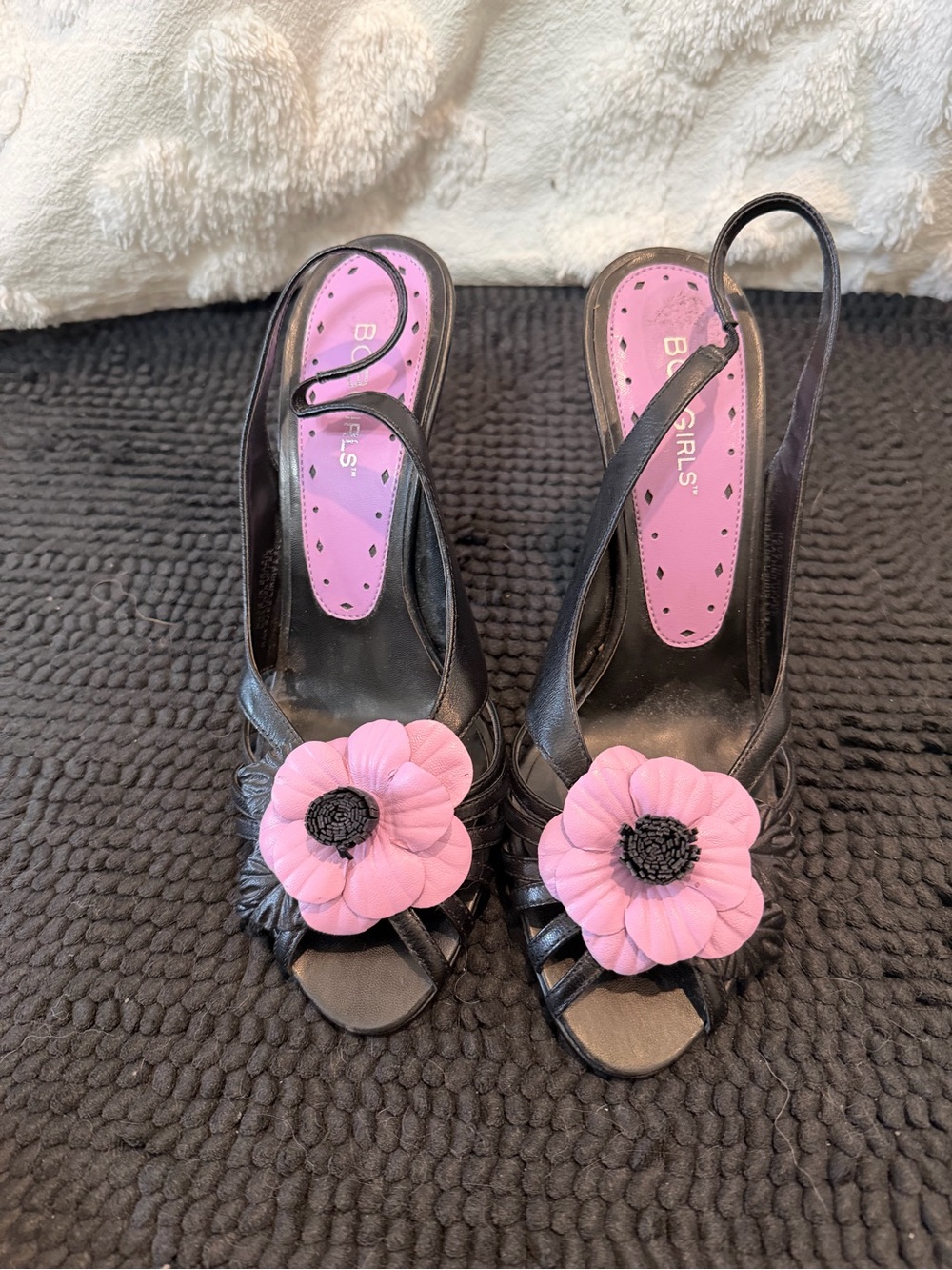BCBGirls Black Slingback Heels with Pink Flower Applique